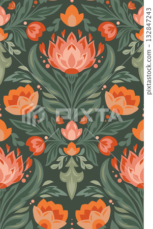 Vector floral pattern with folk style flowers on a dark background. Decorative seamless texture with stylized petals and leaves Vector floral pattern with folk style flowers on a dark background. Decorative seamless texture with stylized petals and leaves 132847243