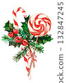 Traditional Christmas candy canes, Christmas stick with fir branches and holly on white background. Watercolor 132847245