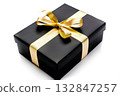 Black gift box with a golden bow on a white background. Holiday concept, christmas, birthday, sale, marketing.  132847257