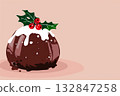 Christmas pudding with holly berries on a colored background. Traditional festive food. Copy space. 132847258
