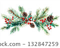 Christmas background fir branches and holly berries on white background. Postcard. 132847259