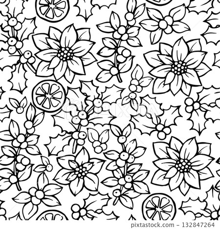 Cute seamless pattern with Christmas plants in doodle style. Vector illustration. Holly, poinsettia, fir 132847264