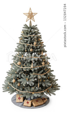 Soft Concolor Fir Tree with Silvery Needles, Rustic Accessories, Gold Topper, and Eco-Friendly Presents 132847284