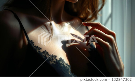 [Beautiful skin and translucency] Light by the window and sheer black lace / High-quality lingerie and the lustrous décolleté 132847302