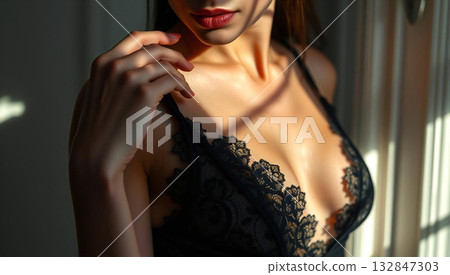 [Beautiful skin and translucency] Light by the window and sheer black lace / High-quality lingerie and the lustrous décolleté 132847303