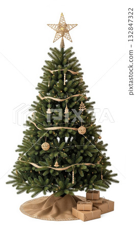 Classic Balsam Fir Christmas Tree with Traditional Natural Ornaments, Soft Illumination, and Holiday Presents 132847322