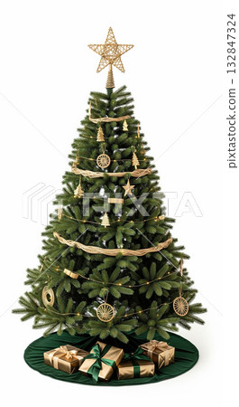 Classic Norway Spruce Christmas Tree with Pointed Needles, Traditional Rustic Decor, and Gold Presents 132847324
