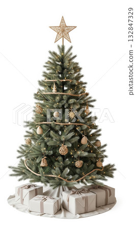 Elegant White Pine Christmas Tree with Soft Needles, Glowing Natural Star, and Fabric-Wrapped Gifts 132847329