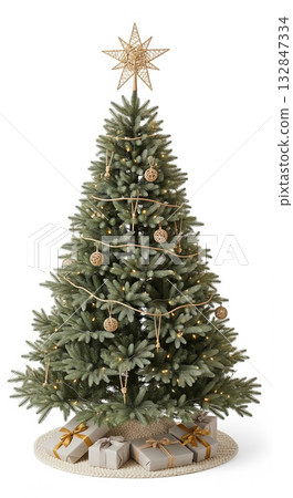 Lush Fraser Fir Christmas Tree with Warm Lights, Rustic Treetop, and Premium Gifts 132847334