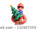 Cheerful 3d character carrying small potted christmas tree, perfect for holiday concepts, eco-friendly themes, festive celebrations 132847359