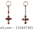 Set of elegant, ornate cross keychains with shiny metallic finishes and vibrant red gemstone accents, isolated for faith, fashion, gift design 132847365