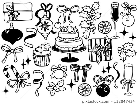 Cute set with Christmas elements in doodle style. Vector illustration: gifts, decorations, bows Cute set with Christmas elements in doodle style. Vector illustration: gifts, decorations, bows 132847434