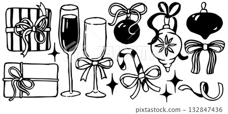 Cute set with Christmas elements in doodle style. Vector illustration: gifts, decorations, bows Cute set with Christmas elements in doodle style. Vector illustration: gifts, decorations, bows 132847436