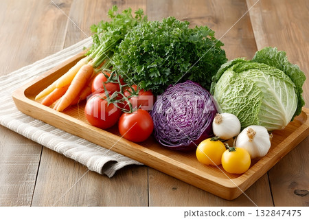 Rich vegetable ingredients for cooking arranged on a wooden cutting board 132847475