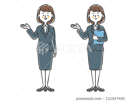 一位穿著套裝的女員工正在提供導覽服務的插圖。全身像。向量圖。 132847495