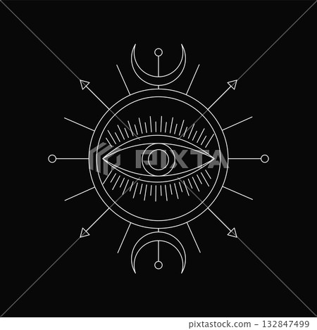 Line alchemy mystic symbol. Spiritual logo. Magical eye. Occult tattoo. Arrows and moon crescent. Outline round black emblem. Mystical eyeball. Graphic astrology. Witch eyesight. Vector circle icon Line alchemy mystic symbol. Spiritual logo. Magical eye. Occult tattoo. Arrows and moon crescent. Outline round black emblem. Mystical eyeball. Graphic astrology. Witch eyesight. Vector circle icon 132847499