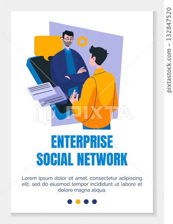 Business team onboarding page. Enterprise social network. Businessmen partnership. Computer screen. Remote teamwork. Digital communication. Teleconference technology. Office chat. Vector web banner 132847520