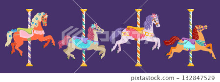 Carousel horse. Doodle circus. Modern bright fair. Cute elements for children carnival. Holiday event. Merry-go-round pony with pillar. Vintage cartoon art. Vector roundabout attraction equines set 132847529