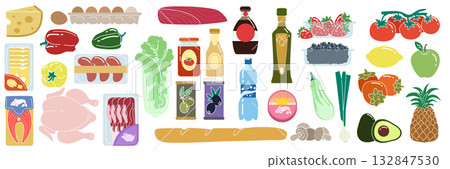 Food grocery set. Vegetable, fruit in supermarket. Meat, berries, healthy goods. Cartoon cooking ingredients. Kitchen shop icons. Culinary products of market. Vector isolated hand drawn illustration 132847530