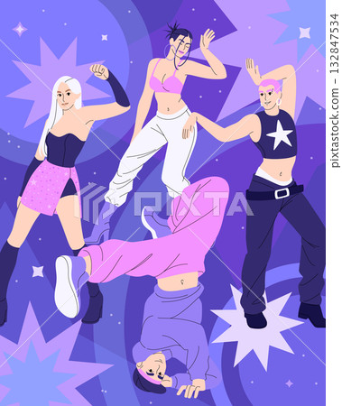 Dancer character. Dancing people. Fashion person jumping. Music party. Girl, boy performing at discotheque. Disco party. Fun hiphop. Vector festival banner cartoon flat style isolated illustration Dancer character. Dancing people. Fashion person jumping. Music party. Girl, boy performing at discotheque. Disco party. Fun hiphop. Vector festival banner cartoon flat style isolated illustration 132847534