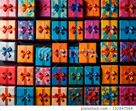 Festive presents. Multicolored gift boxes. Celebration, birthdays, Christmas and branding. Packaging. Top view. Festive presents. Multicolored gift boxes. Celebration, birthdays, Christmas and branding. Packaging. Top view. 132847564