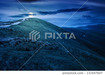 alpine meadows in mountains in summer at night. beautiful view of rolling hills with lush grass under dark sky in full moon light. travel destination. background for investment or abstract concepts 132847607