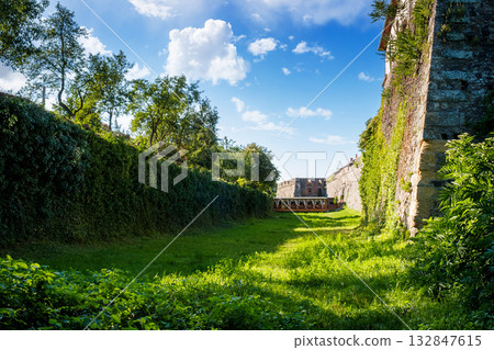 uzhhorod, ukraine - 08 aug 2012: grass in the old castle moat on a sunny afternoon. legendary landmark of transcarpathia under blue sky. medieval stronghold horizontal travel background uzhhorod, ukraine - 08 aug 2012: grass in the old castle moat on a sunny afternoon. legendary landmark of transcarpathia under blue sky. medieval stronghold horizontal travel background 132847615
