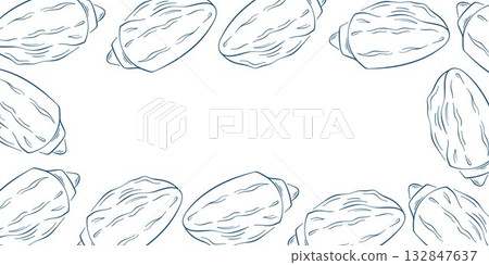 Seashell frame illustration with blue line art style drawing on a white background. Perfect for marine themed design and decoration. 132847637