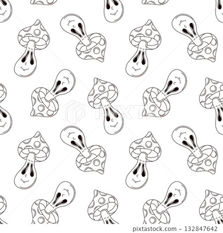 Seamless pattern of groovy line art style mushroom with smiling face on white background. Playful and whimsical design for cloth. Seamless pattern of groovy line art style mushroom with smiling face on white background. Playful and whimsical design for cloth. 132847642