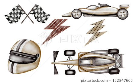 Racing cars watercolor set. Race car, helmet and flags in pastel colors on a white background. Ideal for children's textiles, wallpapers and baby shower design for boys 132847663