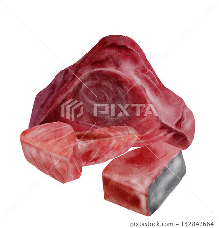 Tuna pieces watercolor illustration. Hand-drawn steak ocean fish on a white background. Food clip art. Perfect for restaurant menu recipe books and Japanese cuisine. Tuna pieces watercolor illustration. Hand-drawn steak ocean fish on a white background. Food clip art. Perfect for restaurant menu recipe books and Japanese cuisine. 132847664