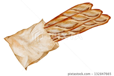 Baguette in a paper bag watercolor illustration. Hand-drawn long loaf with bow ribbon on a white background. Clip art of baked goods. Perfect for bakery banners and bakery labels. 132847665