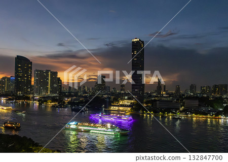 Sunset over the Chao Phraya River in Bangkok, the capital of Thailand 132847700