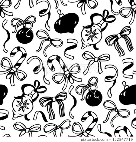 Cute seamless pattern with Christmas elements in doodle style. Vector illustration: gifts, decorations, bows Cute seamless pattern with Christmas elements in doodle style. Vector illustration: gifts, decorations, bows 132847719