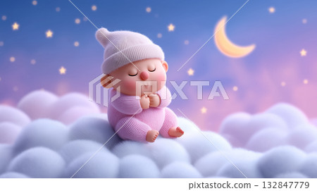 Baby with closed eyes, sitting on fluffy clouds, enjoying a peaceful moment under a starry sky with a crescent moon. Concept of children's products, bedtime stories, relaxation. Baby with closed eyes, sitting on fluffy clouds, enjoying a peaceful moment under a starry sky with a crescent moon. Concept of children's products, bedtime stories, relaxation. 132847779