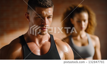 Man concentrating during intense workout at gym. Warm industrial environment with brick walls and soft lighting. Concept of fitness, training, health improvement. 132847781