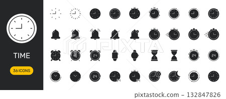 Time Management And Clock Icon Set. Alarm, Stopwatch, And Hourglass Silhouette Symbol Collection. Time Tracking And Scheduling Tools. Isolated Vector Illustration 132847826