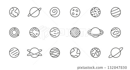 Set of Planet Line Icons. Space Planet, Earth, Moon, Sun and Galaxy. Astronomy Outline Icon Collection. Editable Stroke. Isolated Vector Illustration Set of Planet Line Icons. Space Planet, Earth, Moon, Sun and Galaxy. Astronomy Outline Icon Collection. Editable Stroke. Isolated Vector Illustration 132847830