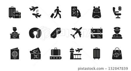 Travel And Aviation Essentials Solid Icon Set. Air Travel, Airport Services, And Passenger Experience Silhouette Symbol Collection. Includes Luggage and Airplane Icons. Isolated Vector Illustration 132847839
