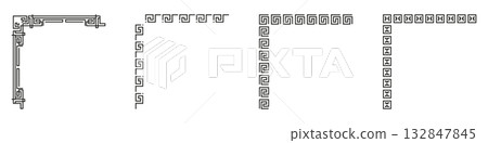 Chinese Frame Corner Ornament Set. Traditional Decorative Elements with Corner and Borders. Editable Stroke. Isolated Vector Illustration 132847845