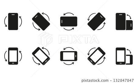 Smartphone Rotation And Orientation Solid Icon Set. Device Screen Rotation, Landscape And Portrait Mode Silhouette Symbol Collection. Mobile Interface Adjustment. Isolated Vector Illustration 132847847