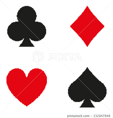 Playing Card Suits Pixel Art Icon Set. Clubs, Diamonds, Hearts, And Spades Symbol Collection. Retro Gaming Style. Isolated Vector Illustration Playing Card Suits Pixel Art Icon Set. Clubs, Diamonds, Hearts, And Spades Symbol Collection. Retro Gaming Style. Isolated Vector Illustration 132847848