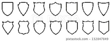 Pixel Art Shield Icon Set. Medieval Heraldry And Protection Symbol Collection. Various Shield Designs For Security And Defense Themes. Isolated Vector Illustration Pixel Art Shield Icon Set. Medieval Heraldry And Protection Symbol Collection. Various Shield Designs For Security And Defense Themes. Isolated Vector Illustration 132847849