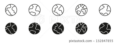 Earth Globe Line And Solid Icon Set. Global Connectivity, Geography, And World Map Outline And Silhouette Symbol Collection. Planetary Representation. Isolated Vector Illustration Earth Globe Line And Solid Icon Set. Global Connectivity, Geography, And World Map Outline And Silhouette Symbol Collection. Planetary Representation. Isolated Vector Illustration 132847855