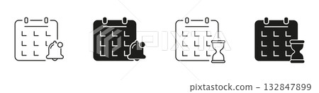 Calendar With Bell And Hourglass Solid Icon Set. Event Reminder, Deadline Management, And Time Tracking Silhouette Symbol Collection. Schedule Planning And Alert System. Isolated Vector Illustration 132847899