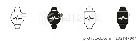 Smartwatch With Heartbeat Line And Solid Icon Set. Heart Rate Monitoring And Fitness Tracking Outline And Silhouette Symbol Collection. Wearable Health Technology. Isolated Vector Illustration Smartwatch With Heartbeat Line And Solid Icon Set. Heart Rate Monitoring And Fitness Tracking Outline And Silhouette Symbol Collection. Wearable Health Technology. Isolated Vector Illustration 132847904