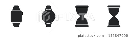 Smartwatch And Hourglass Solid Icon Set. Time Management, Digital Tracking, And Countdown Silhouette Symbol Collection. Modern Technology And Traditional Timekeeping. Isolated Vector Illustration Smartwatch And Hourglass Solid Icon Set. Time Management, Digital Tracking, And Countdown Silhouette Symbol Collection. Modern Technology And Traditional Timekeeping. Isolated Vector Illustration 132847906
