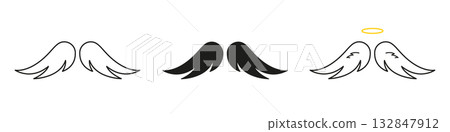Elegant Flying Wings Line And Solid Icon Set. Collection Of Holy Air Elements With Flowing Shape For Divine, Spiritual, Or Fantasy Concepts. Symbol Collection. Isolated Vector Illustration 132847912