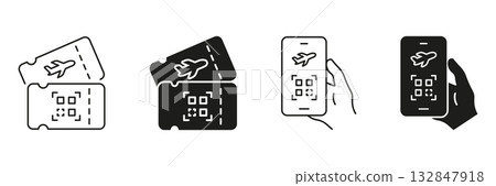 Airline Ticket And Mobile Boarding Pass Icon Set. Digital Travel, E-Ticketing, And Qr Code Check-In Outline And Silhouette Symbol Collection. Isolated Vector Illustration 132847918