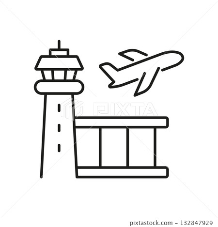 Airport Control Tower With Airplane Line Icon. Aviation Management And Flight Operations Outline Symbol. Air Traffic Control And Airport Infrastructure. Editable Stroke. Isolated Vector Illustration 132847929
